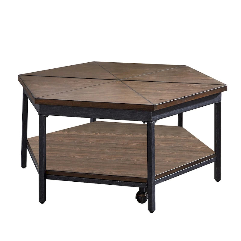Table basse relevable hexagonale avec base en fer et roulettes – Moka marron