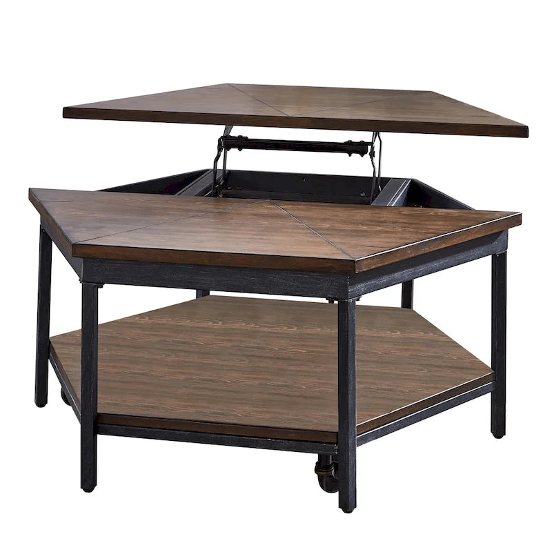 Table basse relevable hexagonale avec base en fer et roulettes – Moka marron