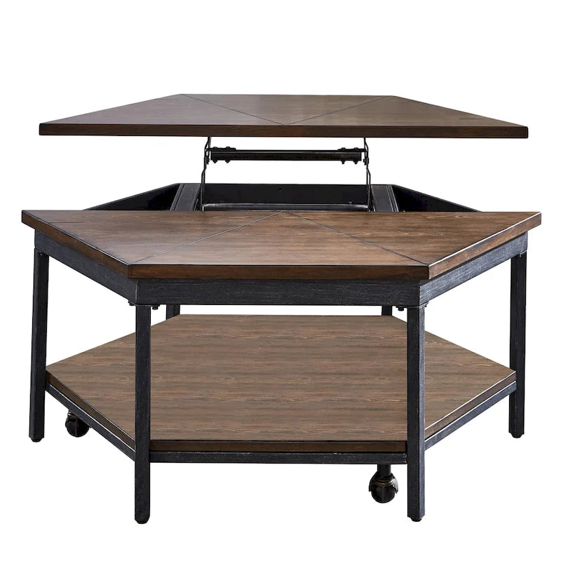 Table basse relevable hexagonale avec base en fer et roulettes – Moka marron