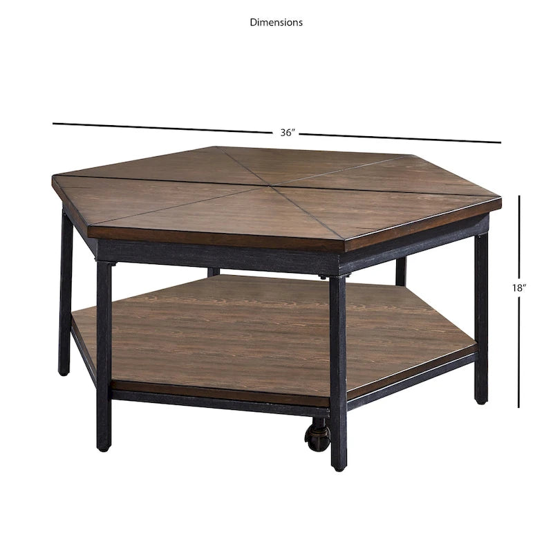 Table basse relevable hexagonale avec base en fer et roulettes – Moka marron