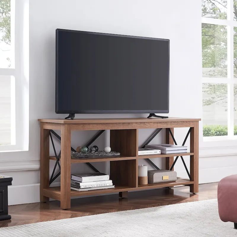 Meuble TV de ferme de 50 po avec accents métalliques en X et étagères ouvertes