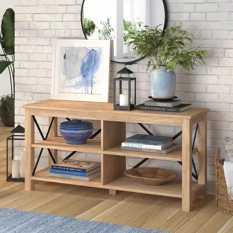 Meuble TV de ferme de 50 po avec accents métalliques en X et étagères ouvertes