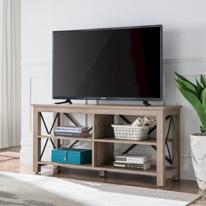Meuble TV de ferme de 50 po avec accents métalliques en X et étagères ouvertes
