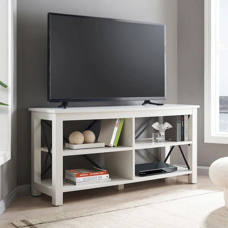 Meuble TV de ferme de 50 po avec accents métalliques en X et étagères ouvertes