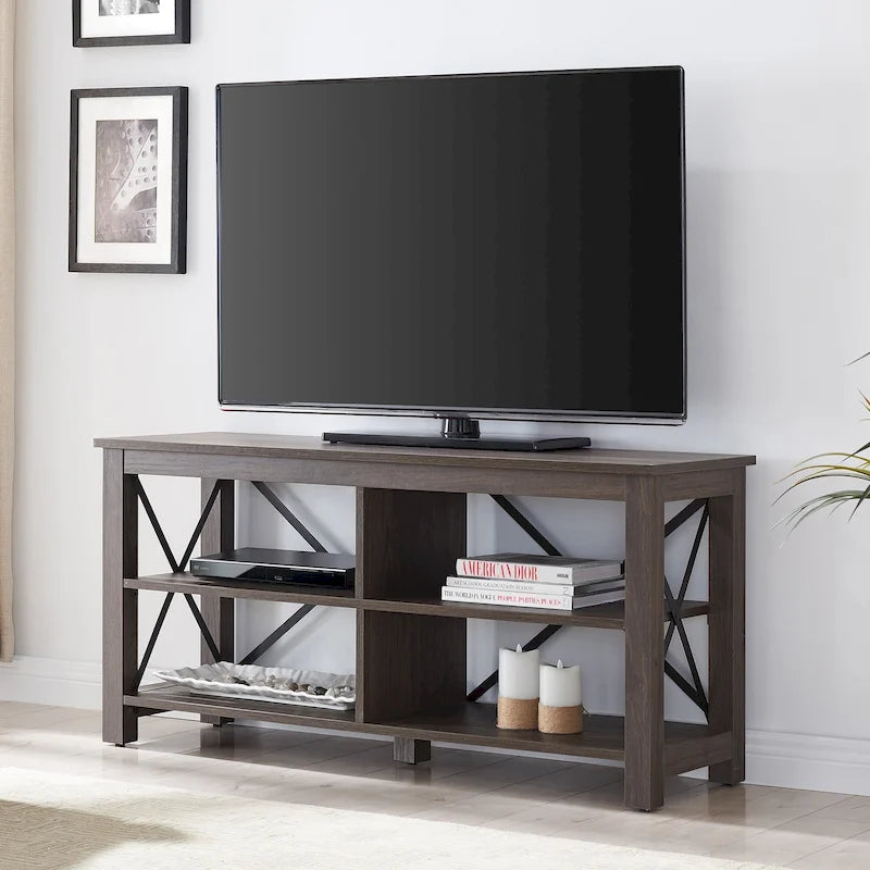Meuble TV de ferme de 50 po avec accents métalliques en X et étagères ouvertes