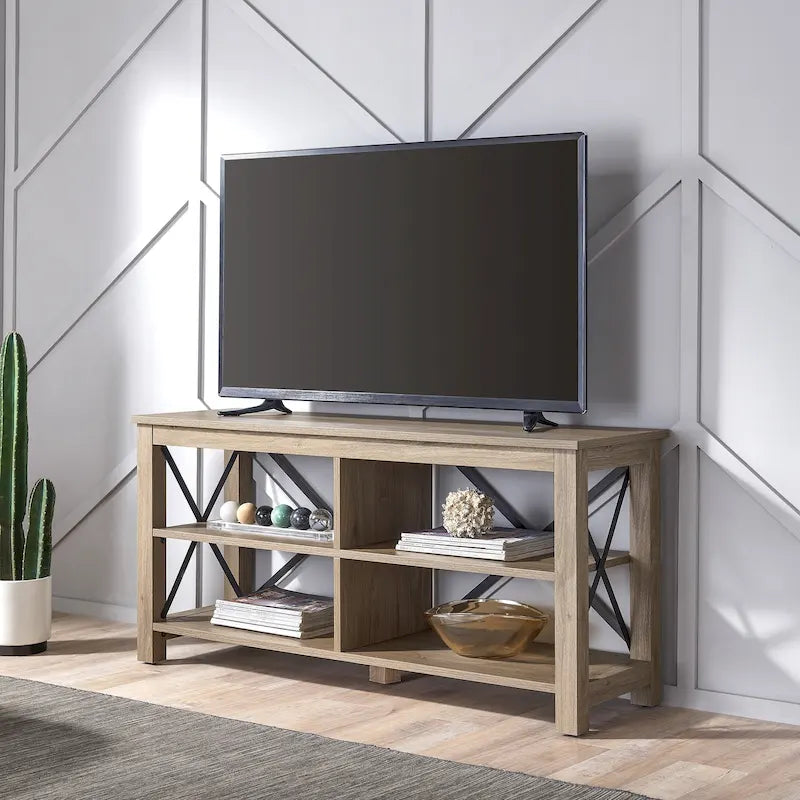 Meuble TV de ferme de 50 po avec accents métalliques en X et étagères ouvertes