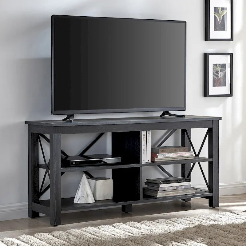 Meuble TV de ferme de 50 po avec accents métalliques en X et étagères ouvertes