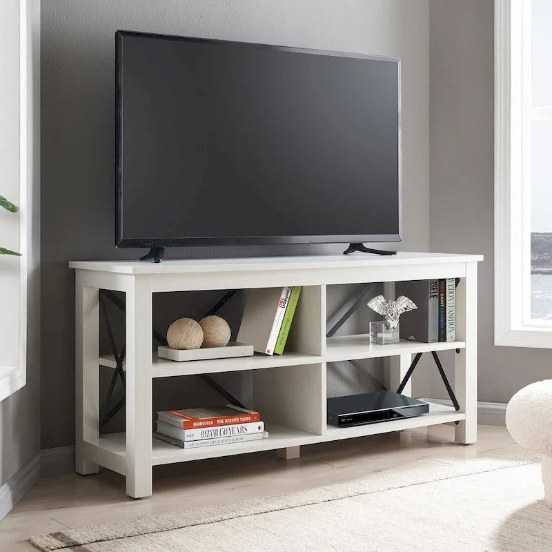 Meuble TV de ferme de 50 po avec accents métalliques en X et étagères ouvertes