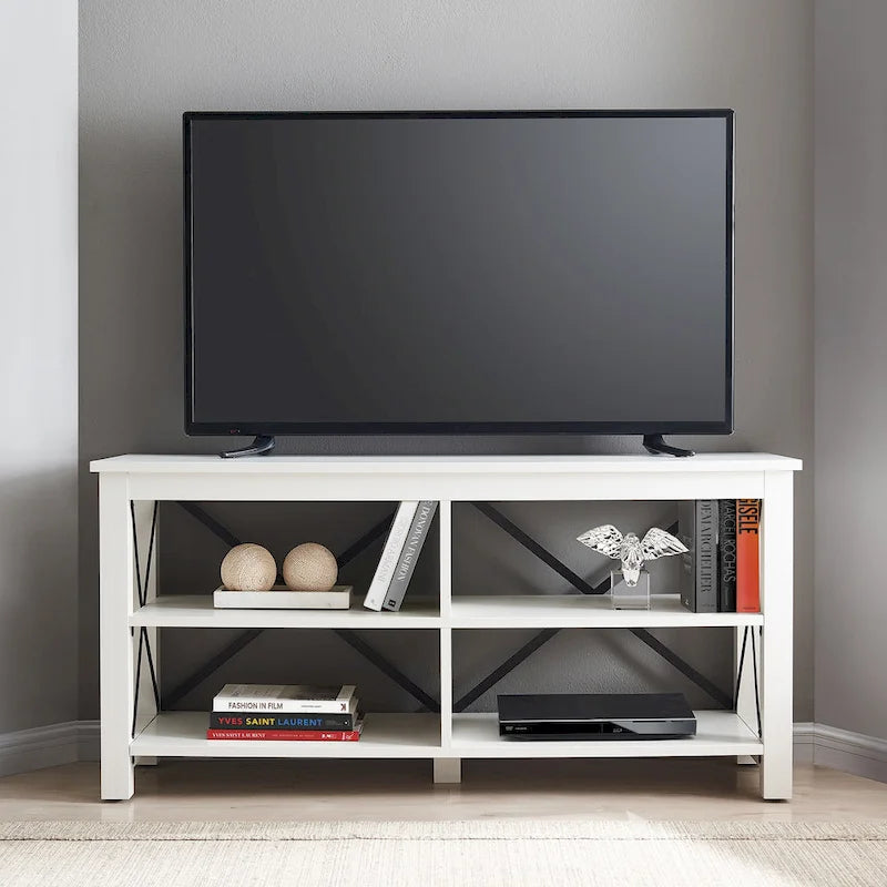 Meuble TV de ferme de 50 po avec accents métalliques en X et étagères ouvertes
