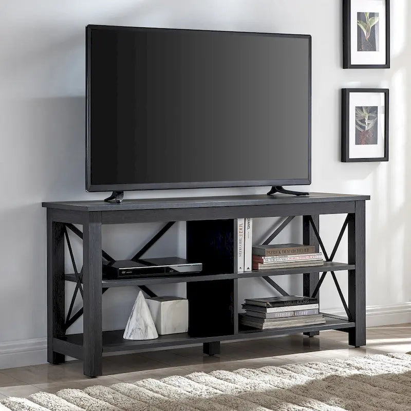 Meuble TV de ferme de 50 po avec accents métalliques en X et étagères ouvertes