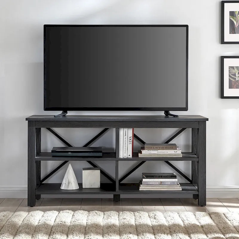 Meuble TV de ferme de 50 po avec accents métalliques en X et étagères ouvertes