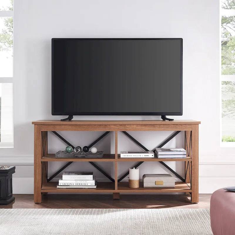 Meuble TV de ferme de 50 po avec accents métalliques en X et étagères ouvertes