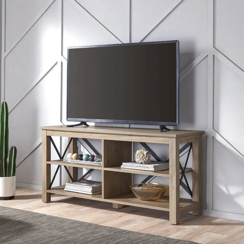 Meuble TV de ferme de 50 po avec accents métalliques en X et étagères ouvertes