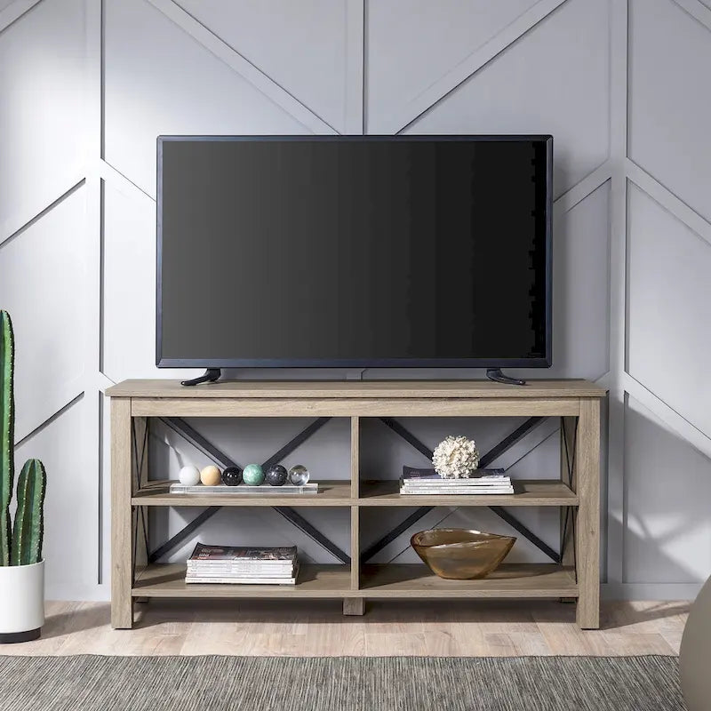 Meuble TV de ferme de 50 po avec accents métalliques en X et étagères ouvertes