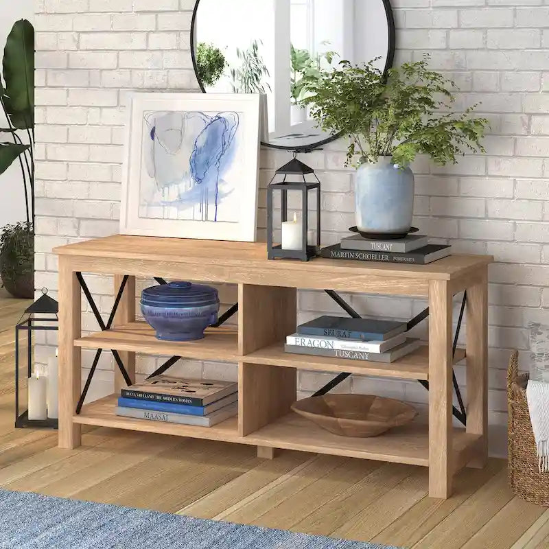 Meuble TV de ferme de 50 po avec accents métalliques en X et étagères ouvertes