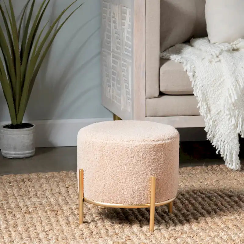 Tabouret d'appoint rond en tissu Sherpa avec pieds en métal doré – Crème
