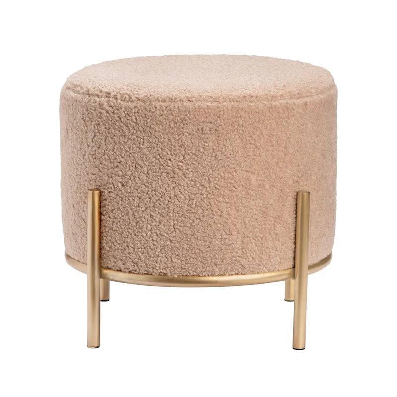 Tabouret d'appoint rond en tissu Sherpa avec pieds en métal doré – Crème