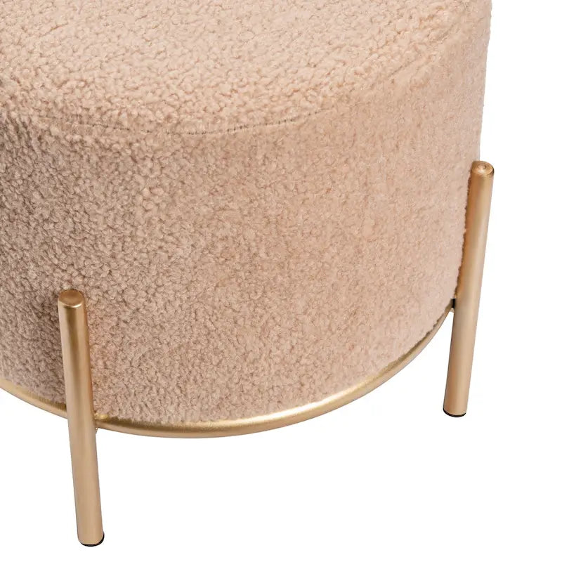 Tabouret d'appoint rond en tissu Sherpa avec pieds en métal doré – Crème
