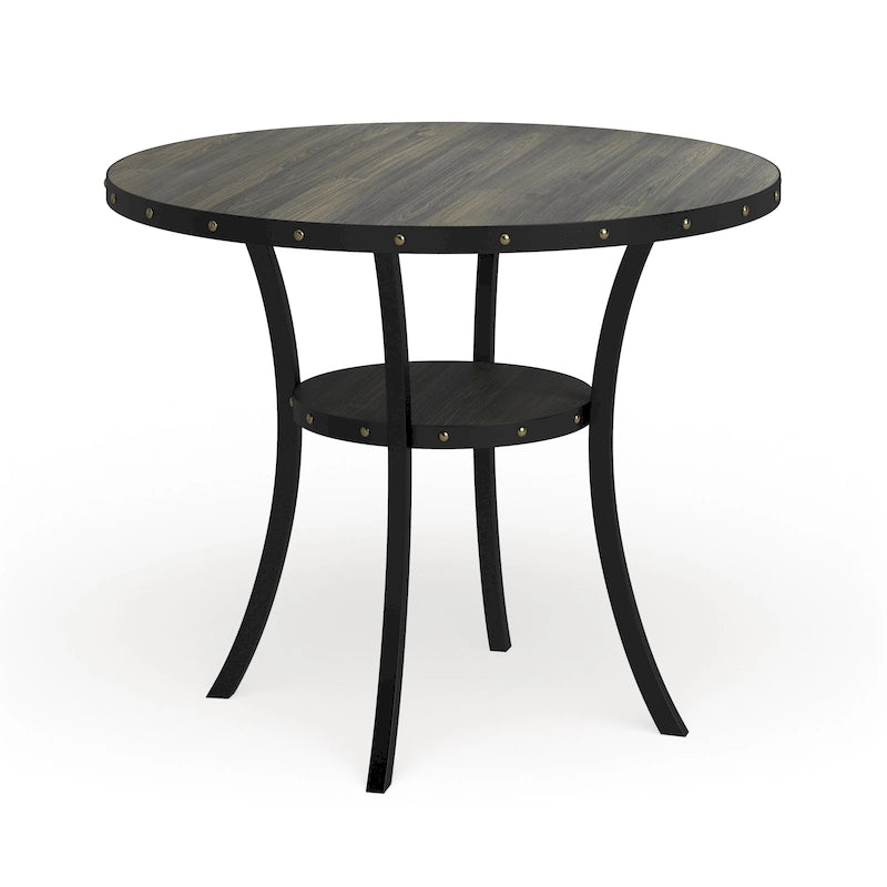 Table de salle à manger ronde de 48" de hauteur comptoir avec détails cloutés et étagère ouverte