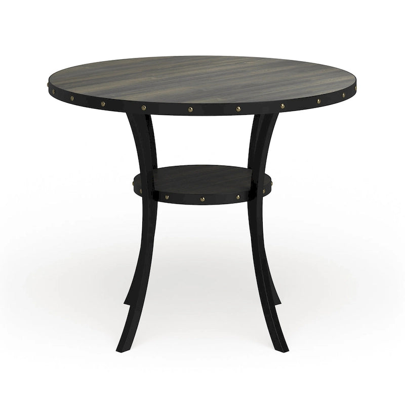 Table de salle à manger ronde de 48" de hauteur comptoir avec détails cloutés et étagère ouverte