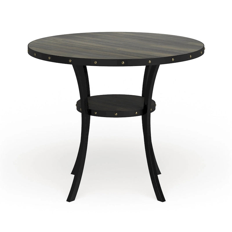 Table de salle à manger ronde de 48" de hauteur comptoir avec détails cloutés et étagère ouverte