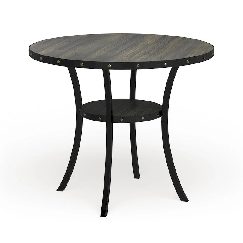 Table de salle à manger ronde de 48" de hauteur comptoir avec détails cloutés et étagère ouverte