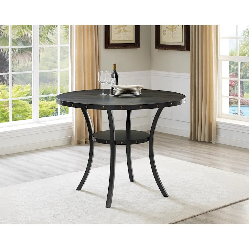 Table de salle à manger ronde de 48" de hauteur comptoir avec détails cloutés et étagère ouverte