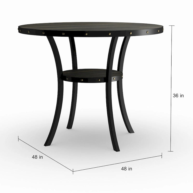 Table de salle à manger ronde de 48" de hauteur comptoir avec détails cloutés et étagère ouverte