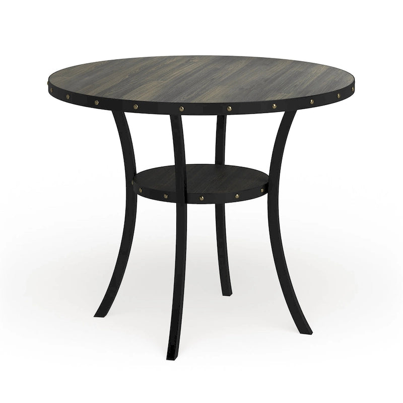 Table de salle à manger ronde de 48" de hauteur comptoir avec détails cloutés et étagère ouverte