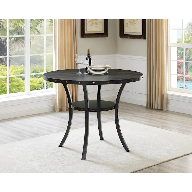 Table de salle à manger ronde de 48" de hauteur comptoir avec détails cloutés et étagère ouverte