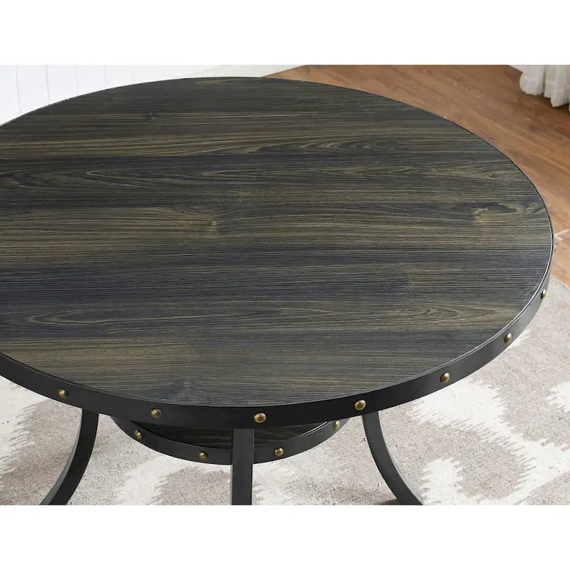 Table de salle à manger ronde de 48" de hauteur comptoir avec détails cloutés et étagère ouverte