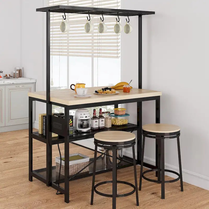 Meuble d'îlot de cuisine de 47" avec support micro-ondes, étagères de rangement et crochets