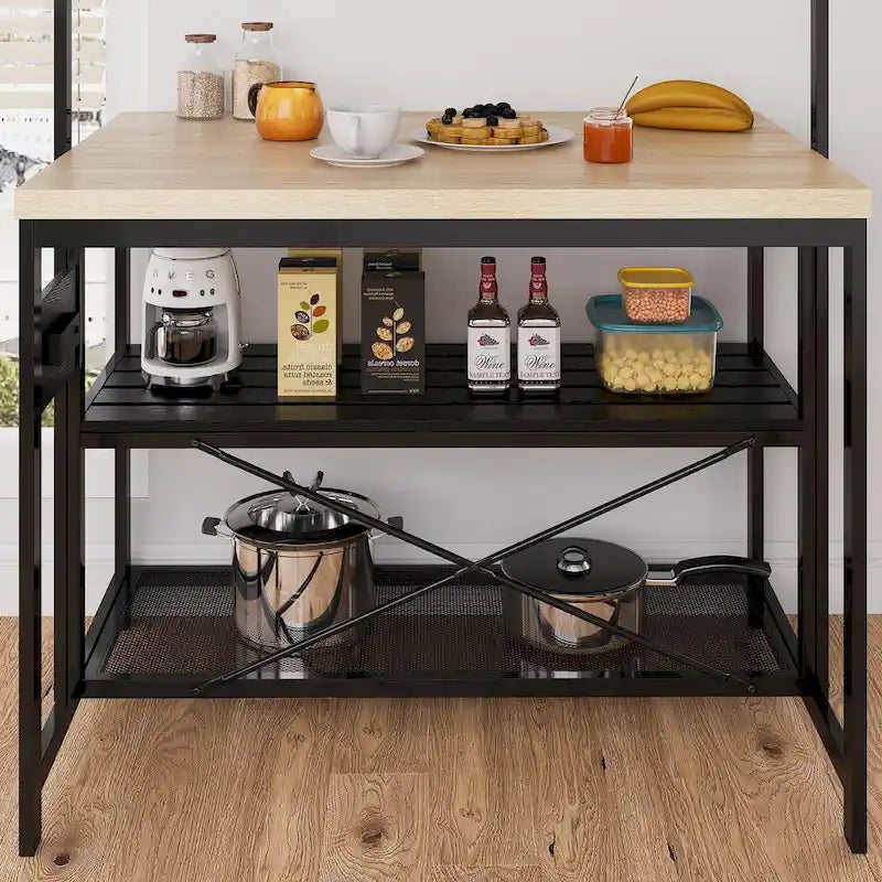 Meuble d'îlot de cuisine de 47" avec support micro-ondes, étagères de rangement et crochets