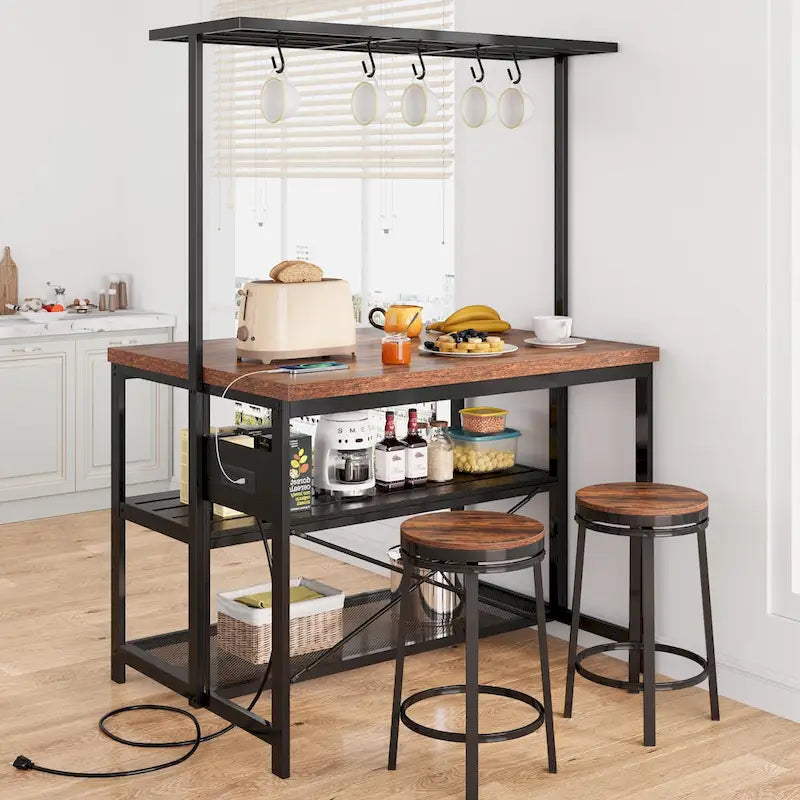 Meuble d'îlot de cuisine de 47" avec support micro-ondes, étagères de rangement et crochets