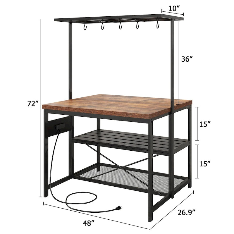 Meuble d'îlot de cuisine de 47" avec support micro-ondes, étagères de rangement et crochets