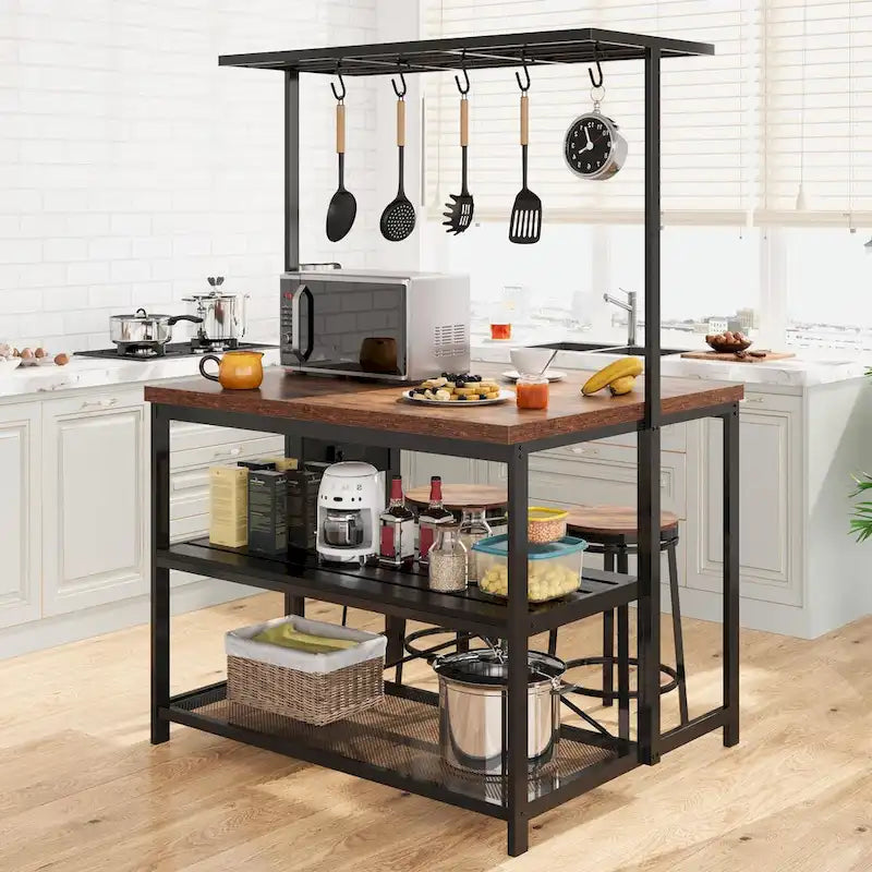 Meuble d'îlot de cuisine de 47" avec support micro-ondes, étagères de rangement et crochets