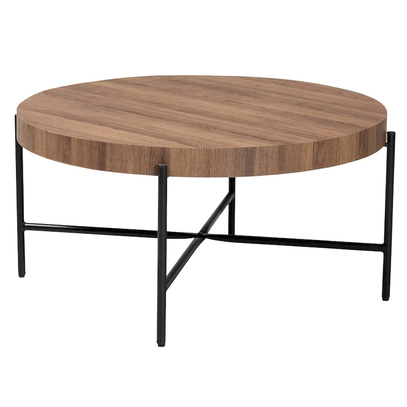 Table basse industrielle ronde avec plateau en bois de noyer et piétement en métal noir entrecroisé
