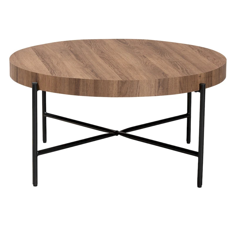 Table basse industrielle ronde avec plateau en bois de noyer et piétement en métal noir entrecroisé