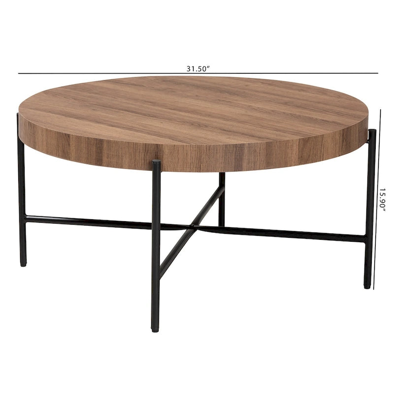 Table basse industrielle ronde avec plateau en bois de noyer et piétement en métal noir entrecroisé