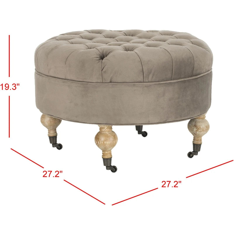Pouf ottoman rond capitonné avec revêtement en lin et cadre en bois massif – Roulettes