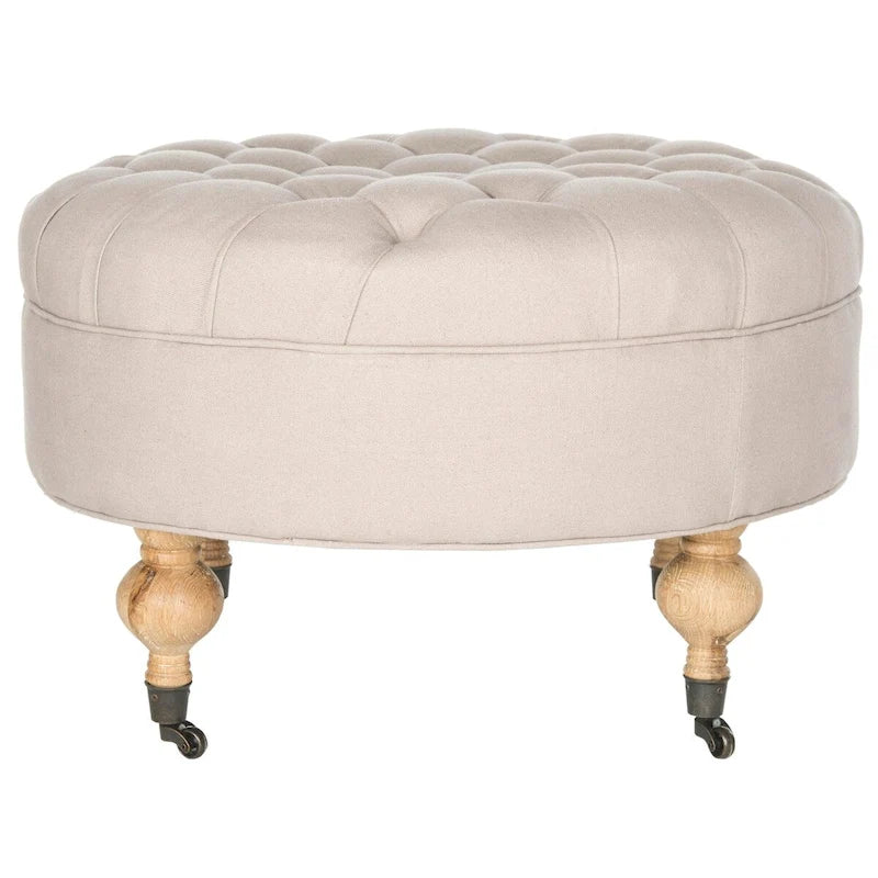 Pouf ottoman rond capitonné avec revêtement en lin et cadre en bois massif – Roulettes