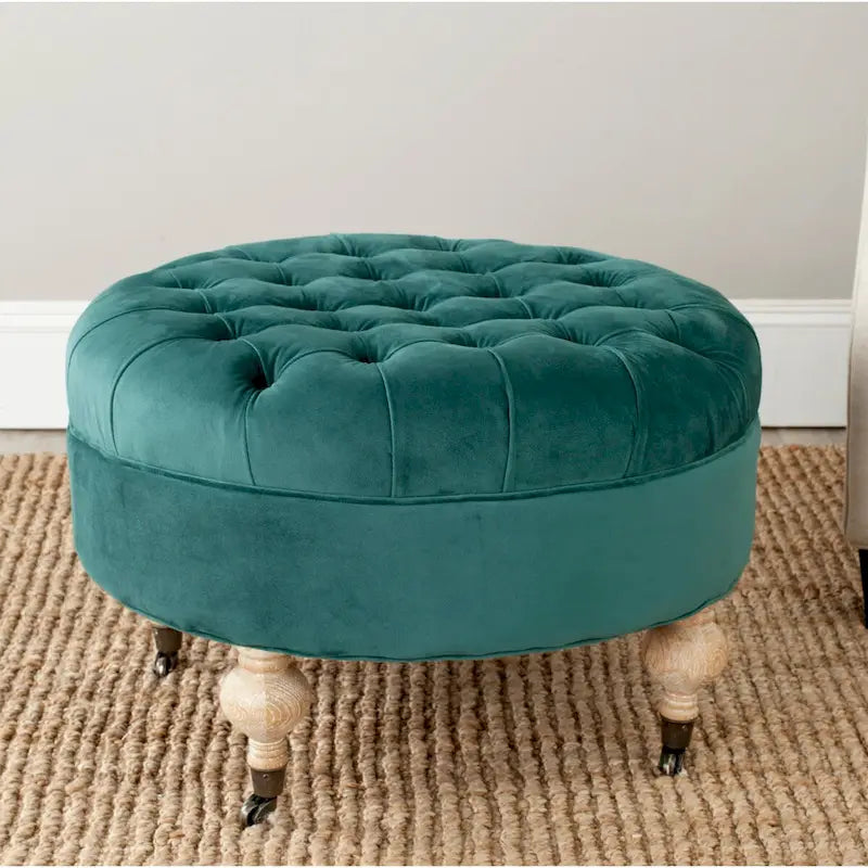 Pouf ottoman rond capitonné avec revêtement en lin et cadre en bois massif – Roulettes