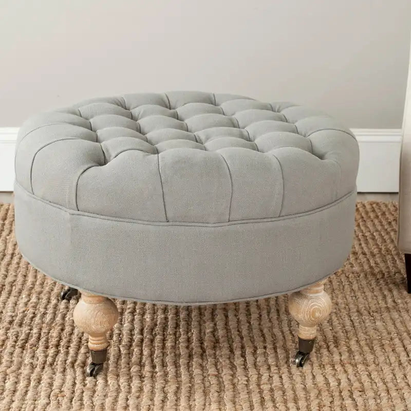 Pouf ottoman rond capitonné avec revêtement en lin et cadre en bois massif – Roulettes