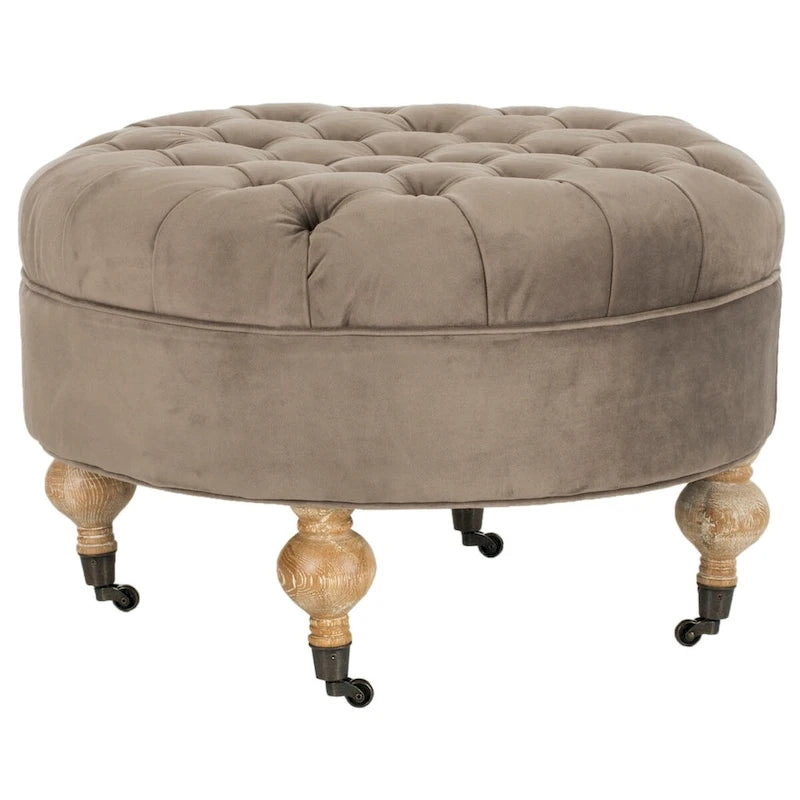 Pouf ottoman rond capitonné avec revêtement en lin et cadre en bois massif – Roulettes