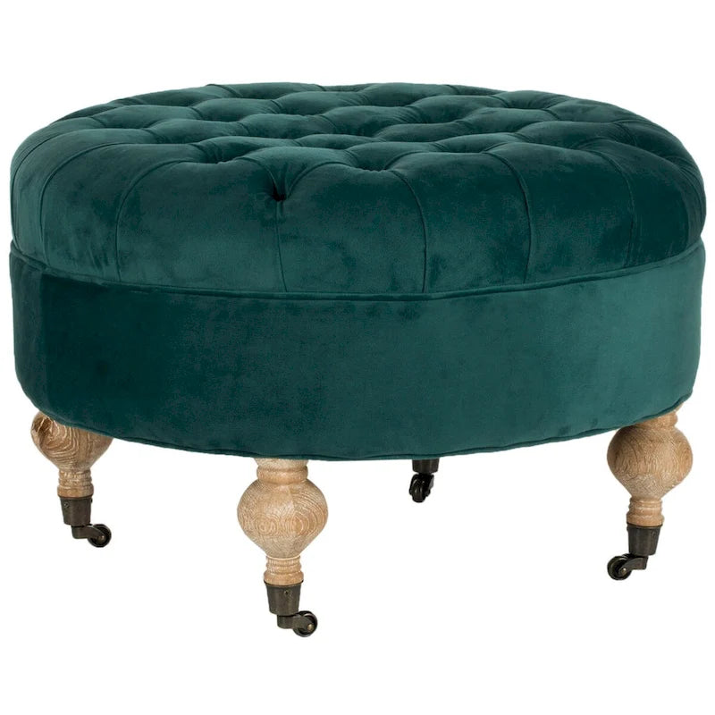 Pouf ottoman rond capitonné avec revêtement en lin et cadre en bois massif – Roulettes