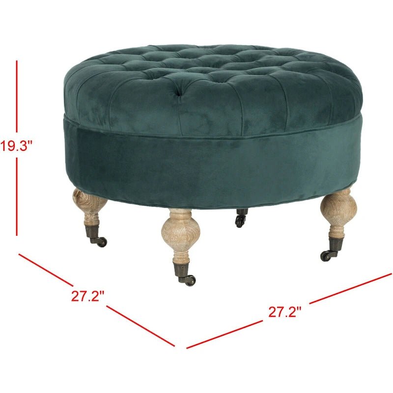 Pouf ottoman rond capitonné avec revêtement en lin et cadre en bois massif – Roulettes