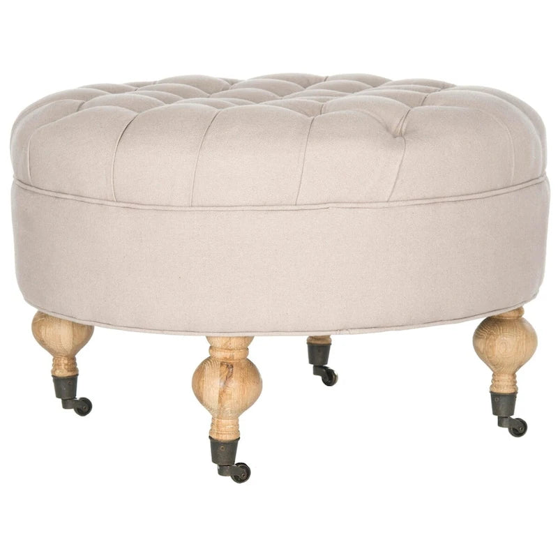 Pouf ottoman rond capitonné avec revêtement en lin et cadre en bois massif – Roulettes