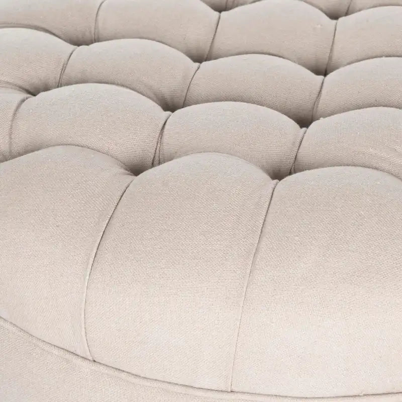 Pouf ottoman rond capitonné avec revêtement en lin et cadre en bois massif – Roulettes