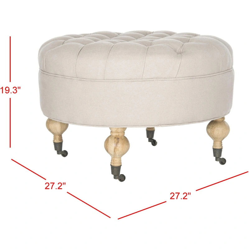 Pouf ottoman rond capitonné avec revêtement en lin et cadre en bois massif – Roulettes