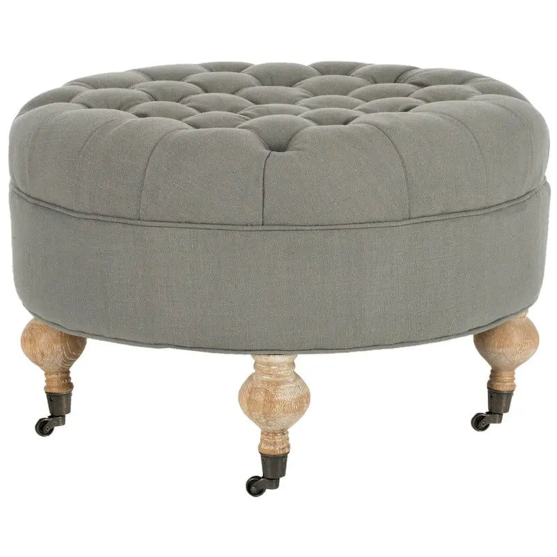 Pouf ottoman rond capitonné avec revêtement en lin et cadre en bois massif – Roulettes